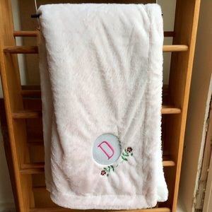 Floral Embroidery Pink Velvet Fleece Throw - custom letter D